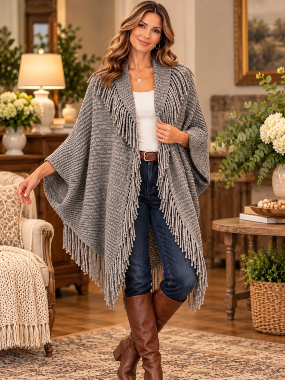 Gray Ribbed Knit Fringe Shawl Wrap Open Front One Size